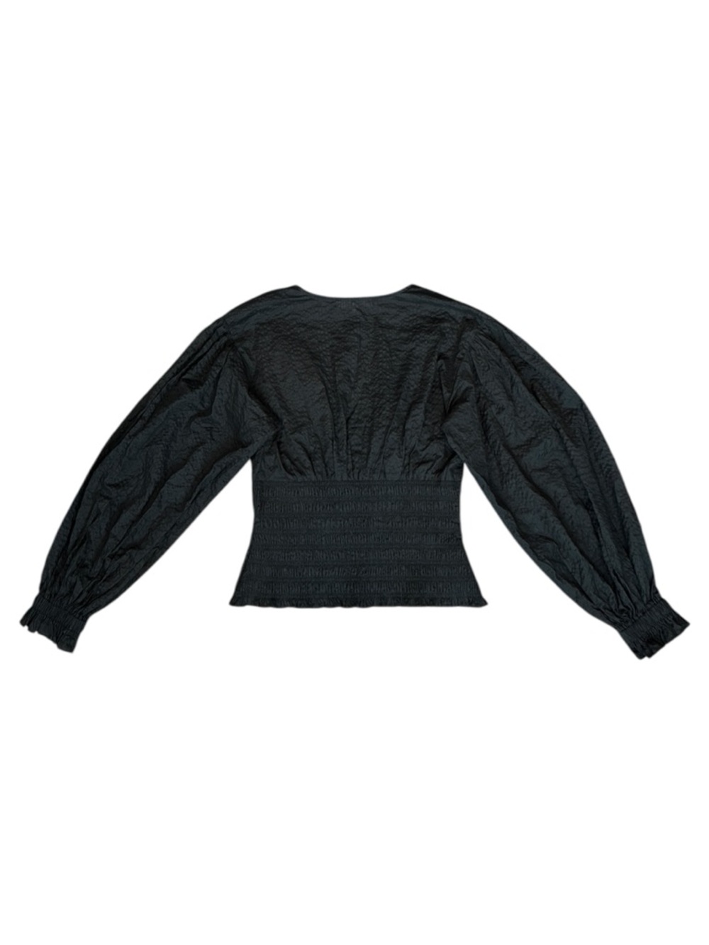 FRAME Smocked V-Neck Crinkled Cotton Blouson Sleeve Top Black Women Medium $348 - Picture 4 of 9